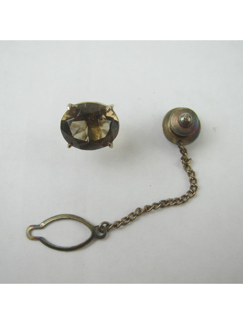 Vintage Tie Tack Lapel Pin Faceted Smoky Gem Stone Brown with Chain